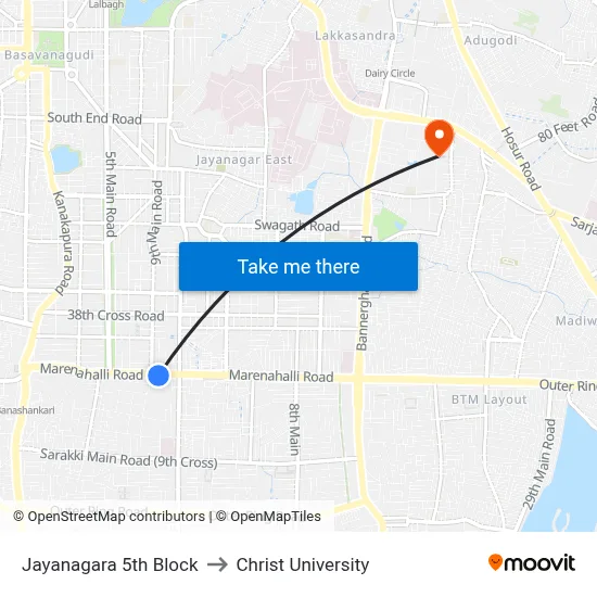 Jayanagara 5th Block to Christ University map