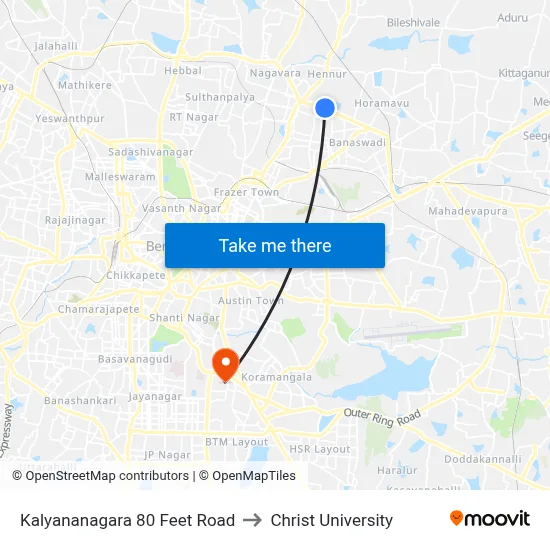 Kalyananagara 80 Feet Road to Christ University map