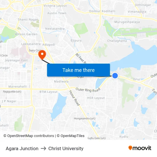 Agara Junction to Christ University map