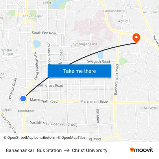 Banashankari Bus Station to Christ University map