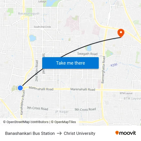 Banashankari Bus Station to Christ University map