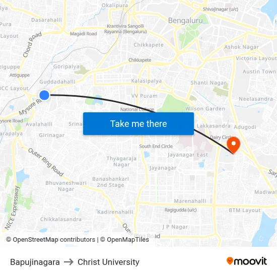 Bapujinagara to Christ University map