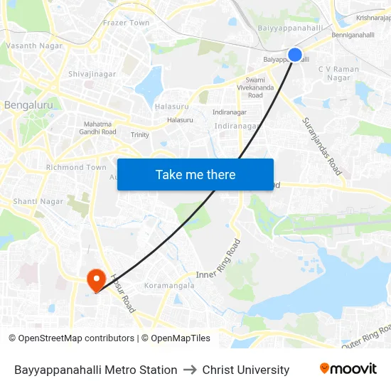 Bayyappanahalli Metro Station to Christ University map