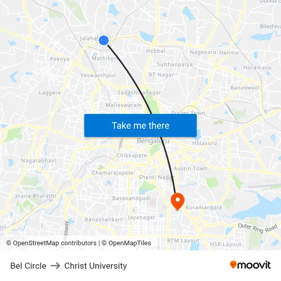 Bel Circle to Christ University map