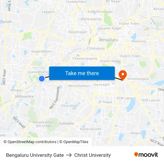 Bengaluru University Gate (Jbms) to Christ University map