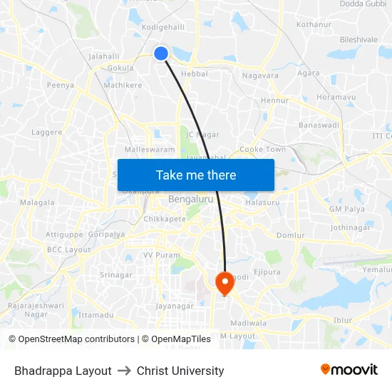 Bhadrappa Layout to Christ University map
