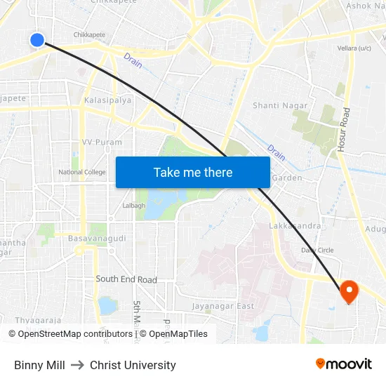 Binny Mill to Christ University map