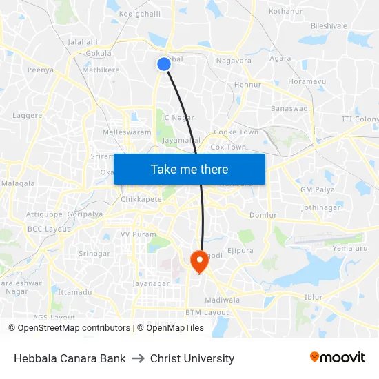 Hebbala Canara Bank to Christ University map