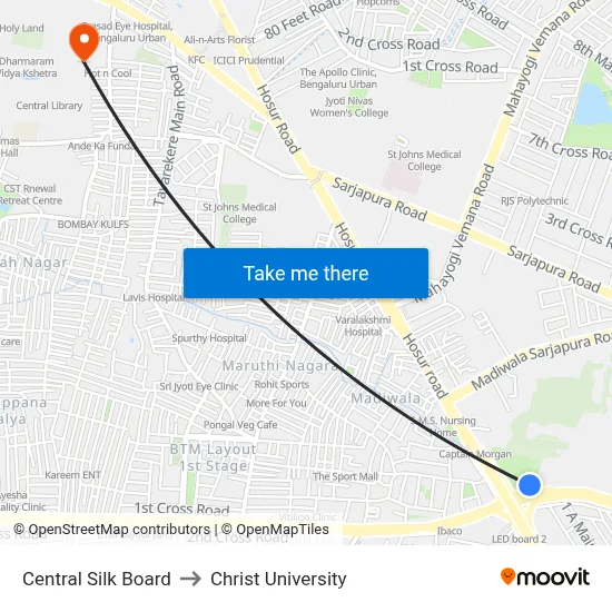 Central Silk Board to Christ University map