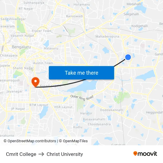 Cmrit College to Christ University map