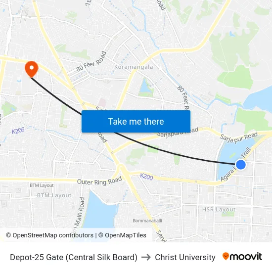 Depot-25 Gate (Central Silk Board) to Christ University map