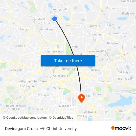 Devinagara Cross to Christ University map