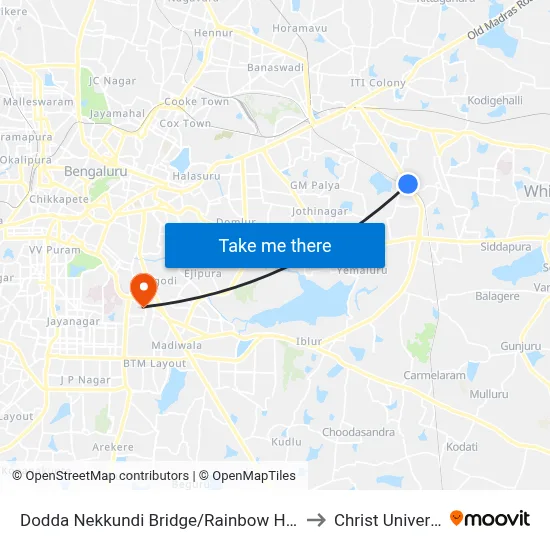 Dodda Nekkundi Bridge/Rainbow Hospital to Christ University map