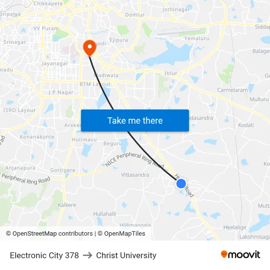 Electronic City 378 to Christ University map