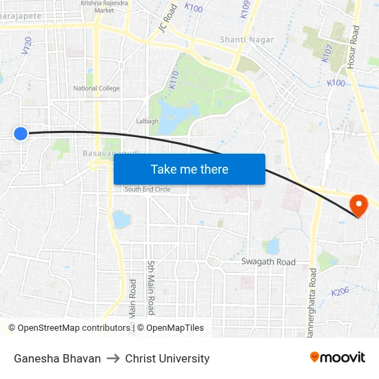 Ganesha Bhavan to Christ University map