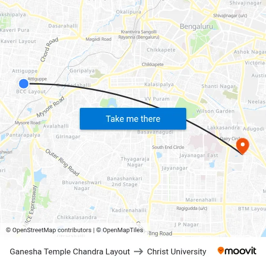 Ganesha Temple Chandra Layout to Christ University map