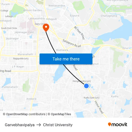 Garvebhavipalya to Christ University map