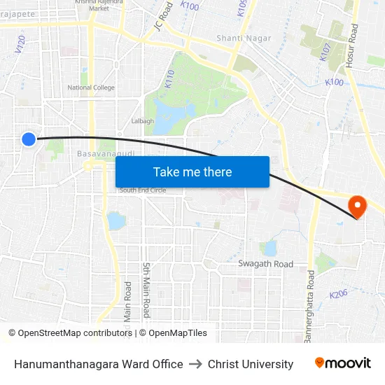 Hanumanthanagara Ward Office to Christ University map