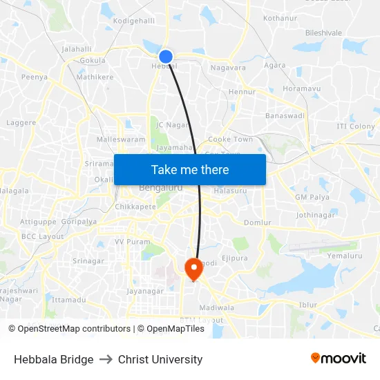 Hebbala Bridge to Christ University map