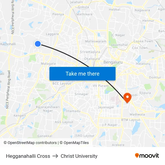 Hegganahalli Cross to Christ University map