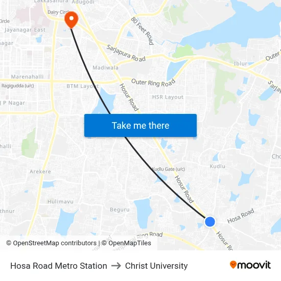 Hosa Road Metro Station to Christ University map