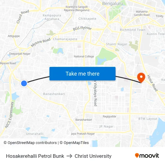 Hosakerehalli Petrol Bunk to Christ University map