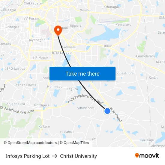Infosys Parking Lot to Christ University map