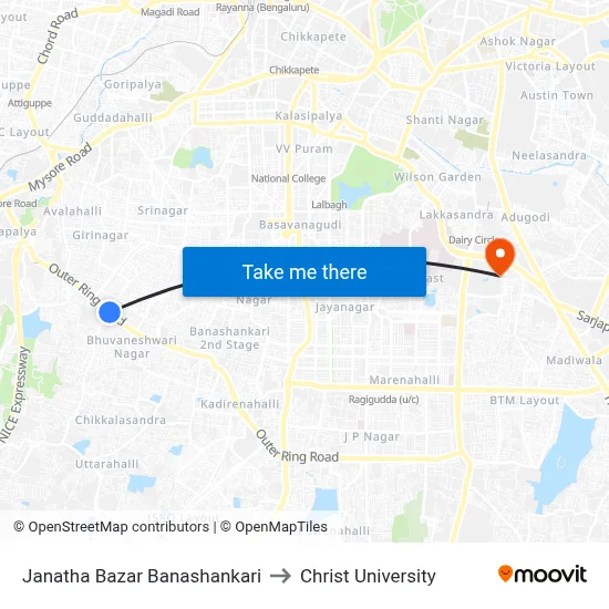 Janatha Bazar Banashankari to Christ University map