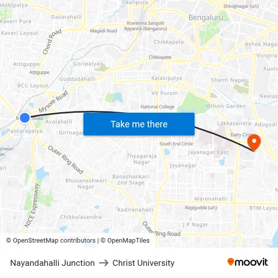 Nayandahalli Junction to Christ University map