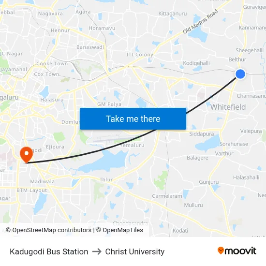 Kadugodi Bus Station to Christ University map