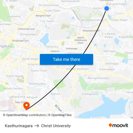 Kasthurinagara to Christ University map