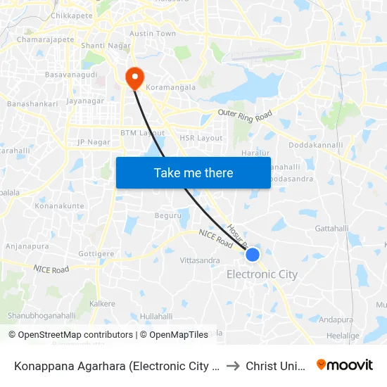 Konappana Agarhara (Electronic City Metro Station) to Christ University map