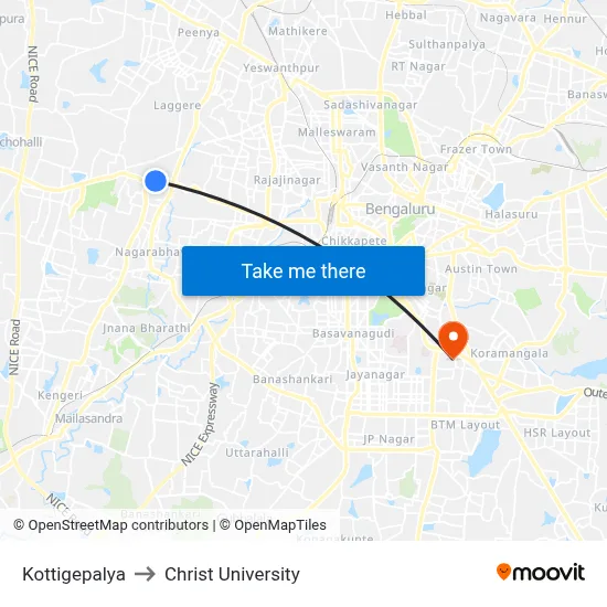 Kottigepalya to Christ University map