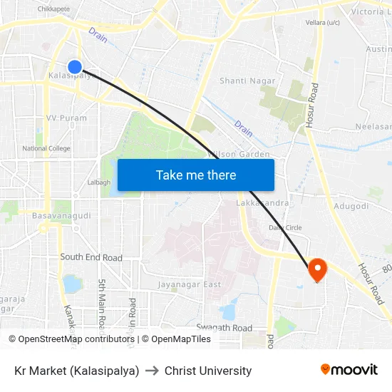 Kr Market (Kalasipalya) to Christ University map