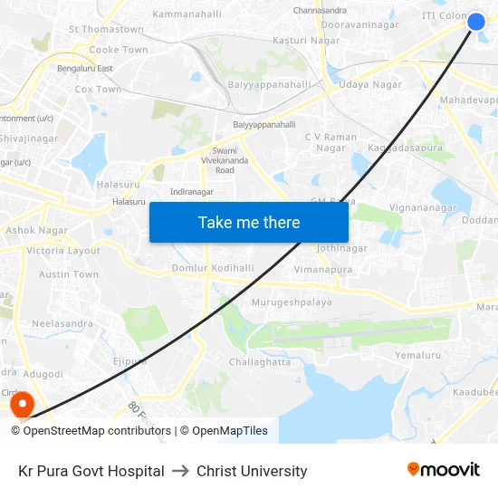 Kr Pura Bus Stand to Christ University map