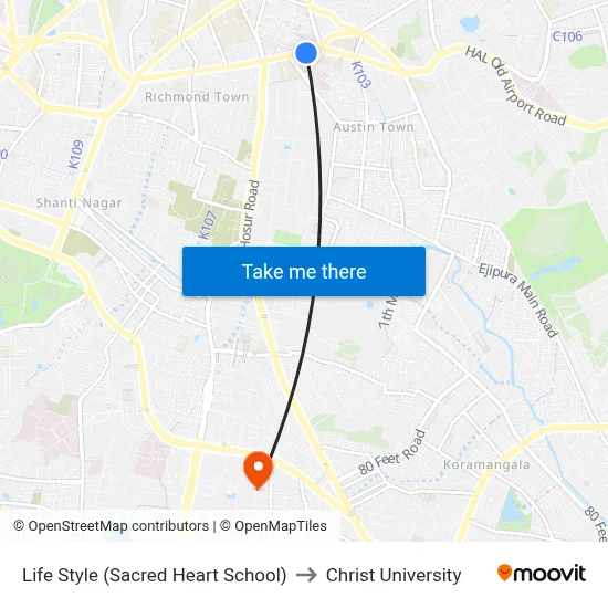 Life Style (Sacred Heart School) to Christ University map