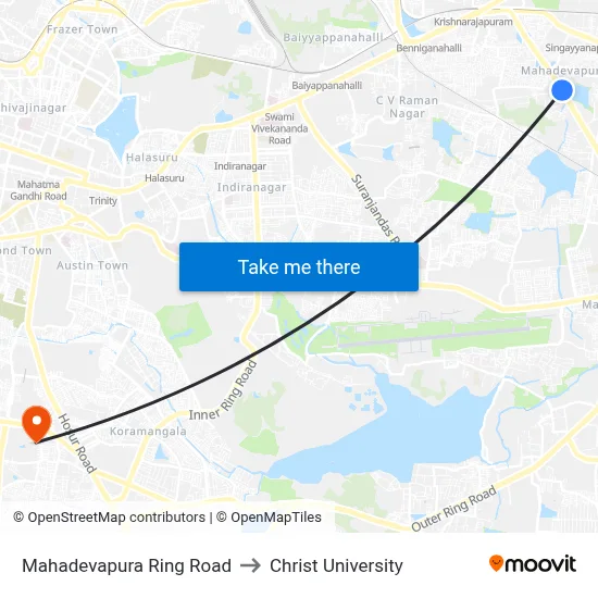 Mahadevapura Ring Road to Christ University map