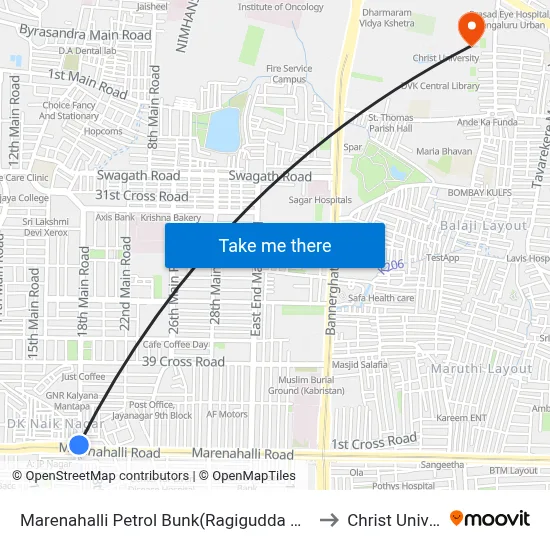 Marenahalli Petrol Bunk(Ragigudda Metro Station) to Christ University map