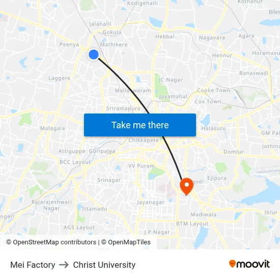 Mei Factory to Christ University map