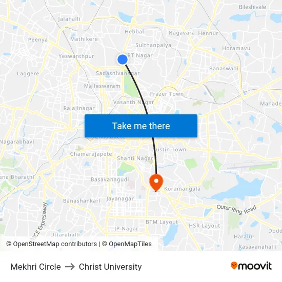 Mekhri Circle to Christ University map