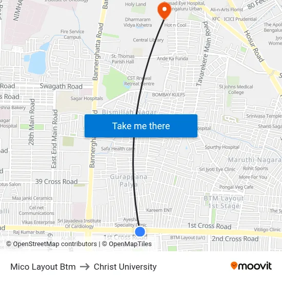 Mico Layout Btm to Christ University map