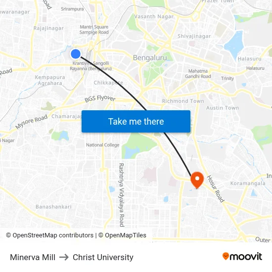 Minerva Mill to Christ University map