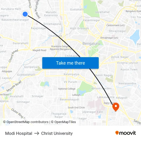 Modi Hospital to Christ University map