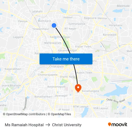 Ms Ramaiah Hospital to Christ University map