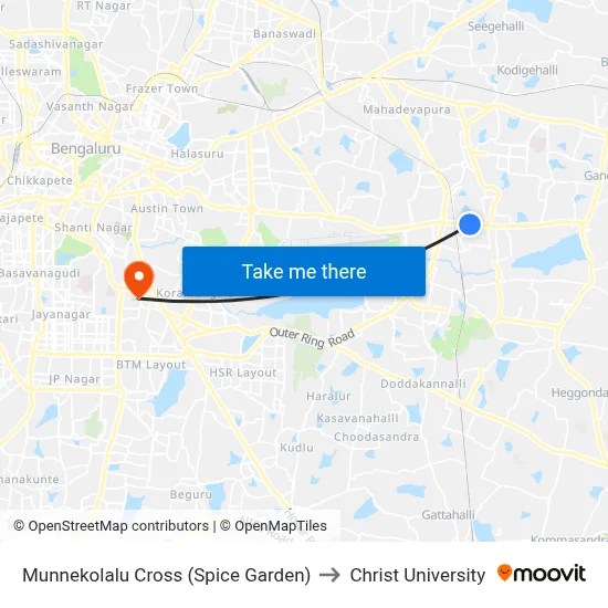 Munnekolalu Cross (Spice Garden) to Christ University map