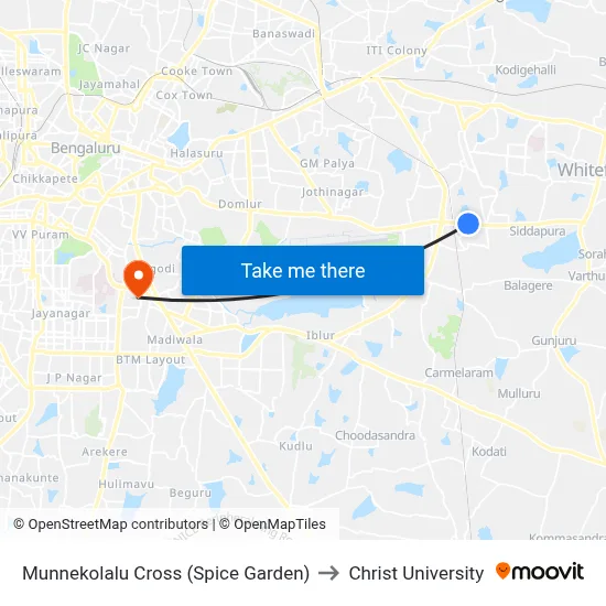 Munnekolalu Cross (Spice Garden) to Christ University map