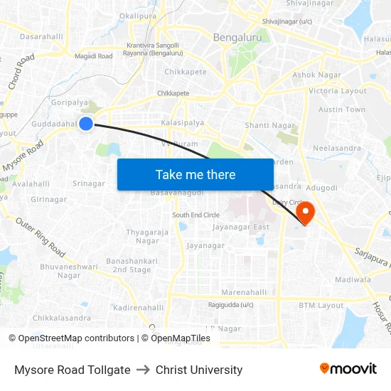Mysore Road Tollgate to Christ University map