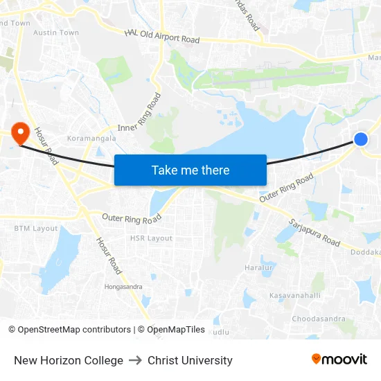 New Horizon College to Christ University map