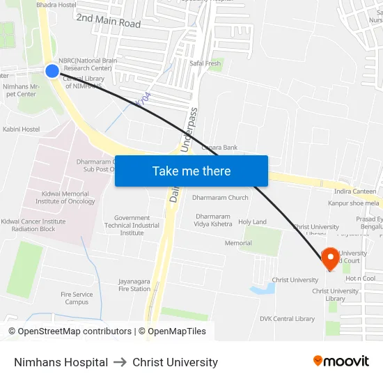 Nimhans Hospital to Christ University map