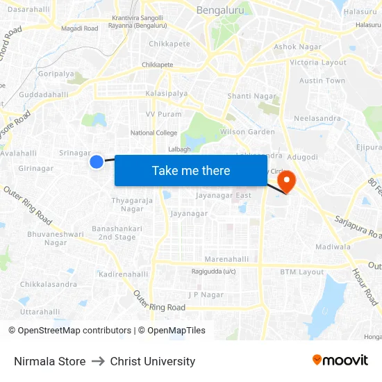 Nirmala Store to Christ University map
